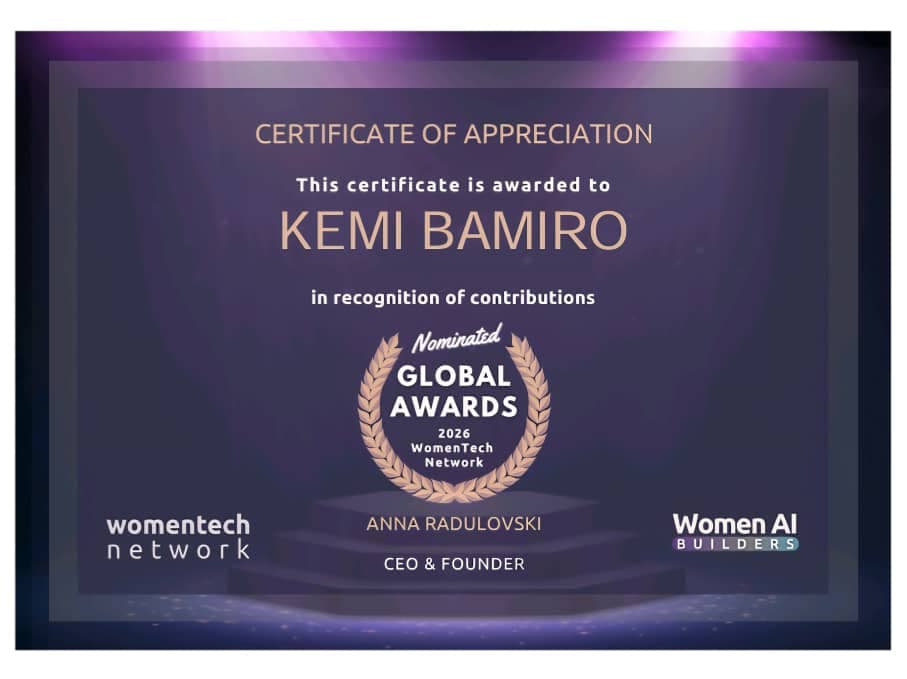 Certificate of Appreciation from Women in Tech Network