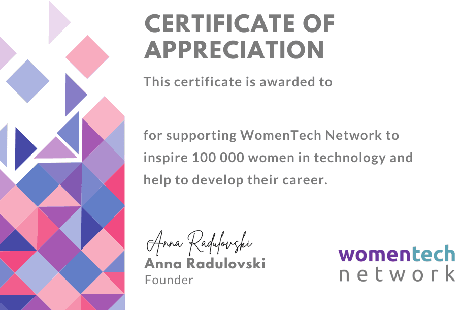 Certificate of Appreciation from Women in Tech Network